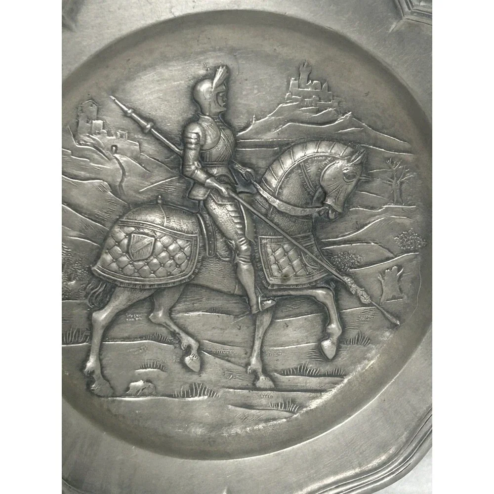 German Pewter Plate With Armored Knight On Horseback Antique